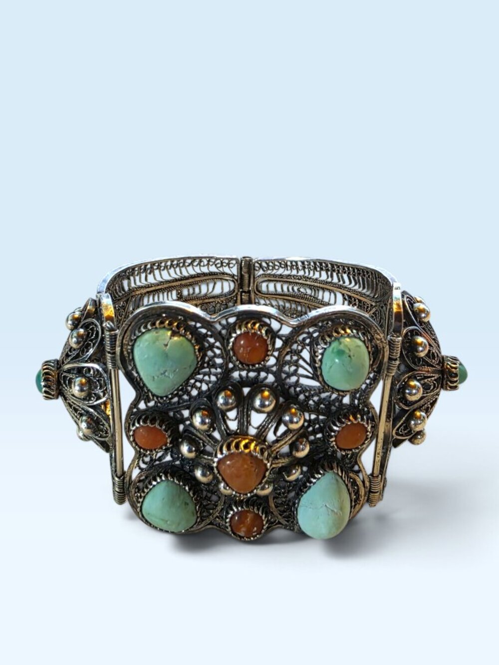 Vintage Tibetan Turquoise & Coral 800 Silver Filigree Hinged Statement Bracelet